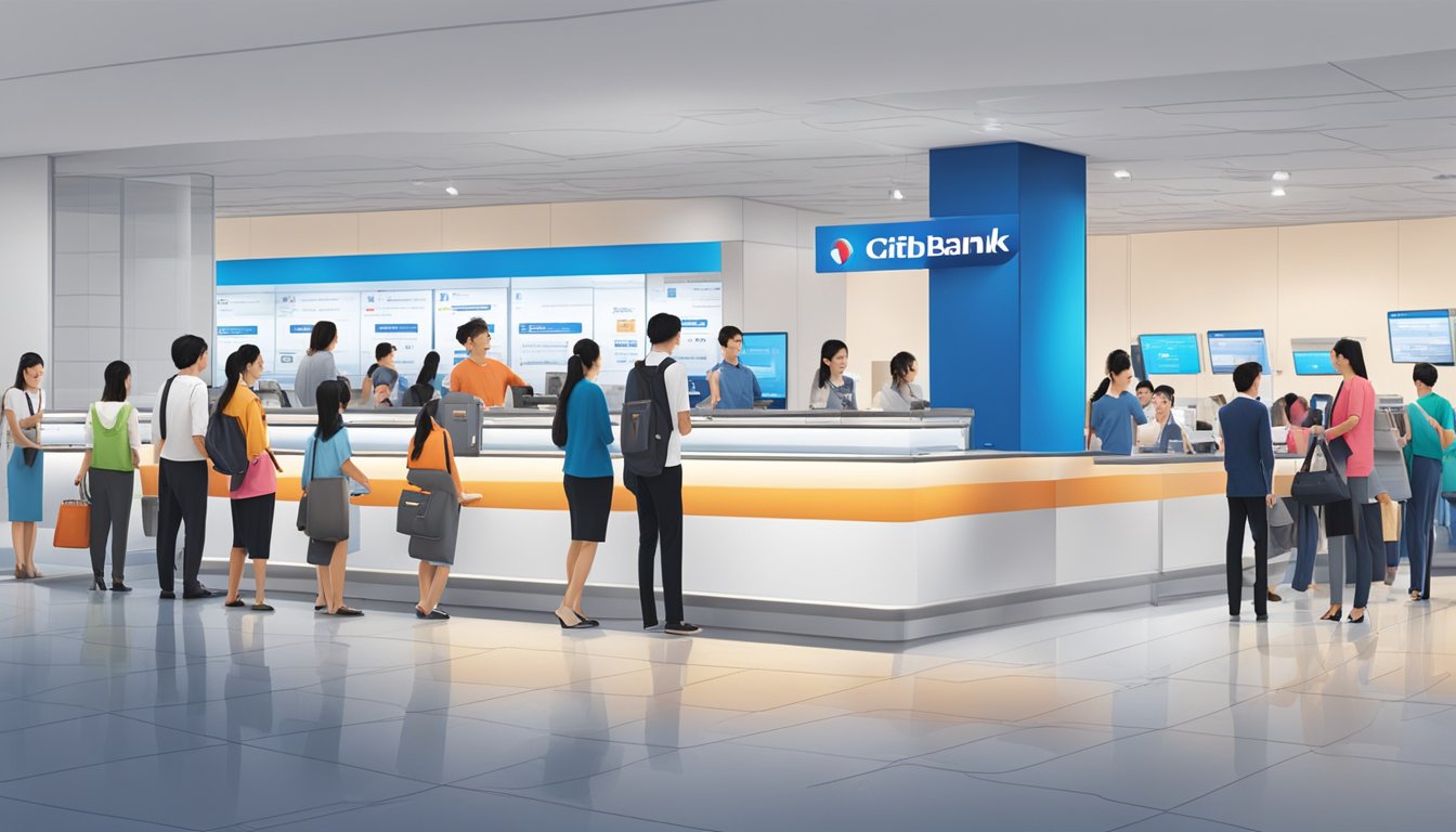 A crowded Citibank PremierMiles redemption counter in Singapore with customers lining up and staff assisting