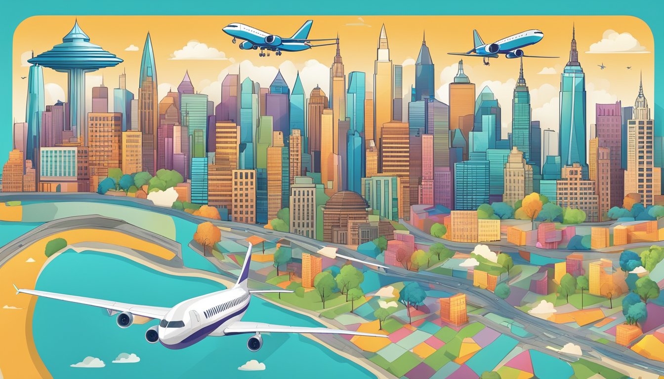 A vibrant city skyline with iconic landmarks, a sleek and modern airplane flying overhead, and a map with various travel destinations highlighted