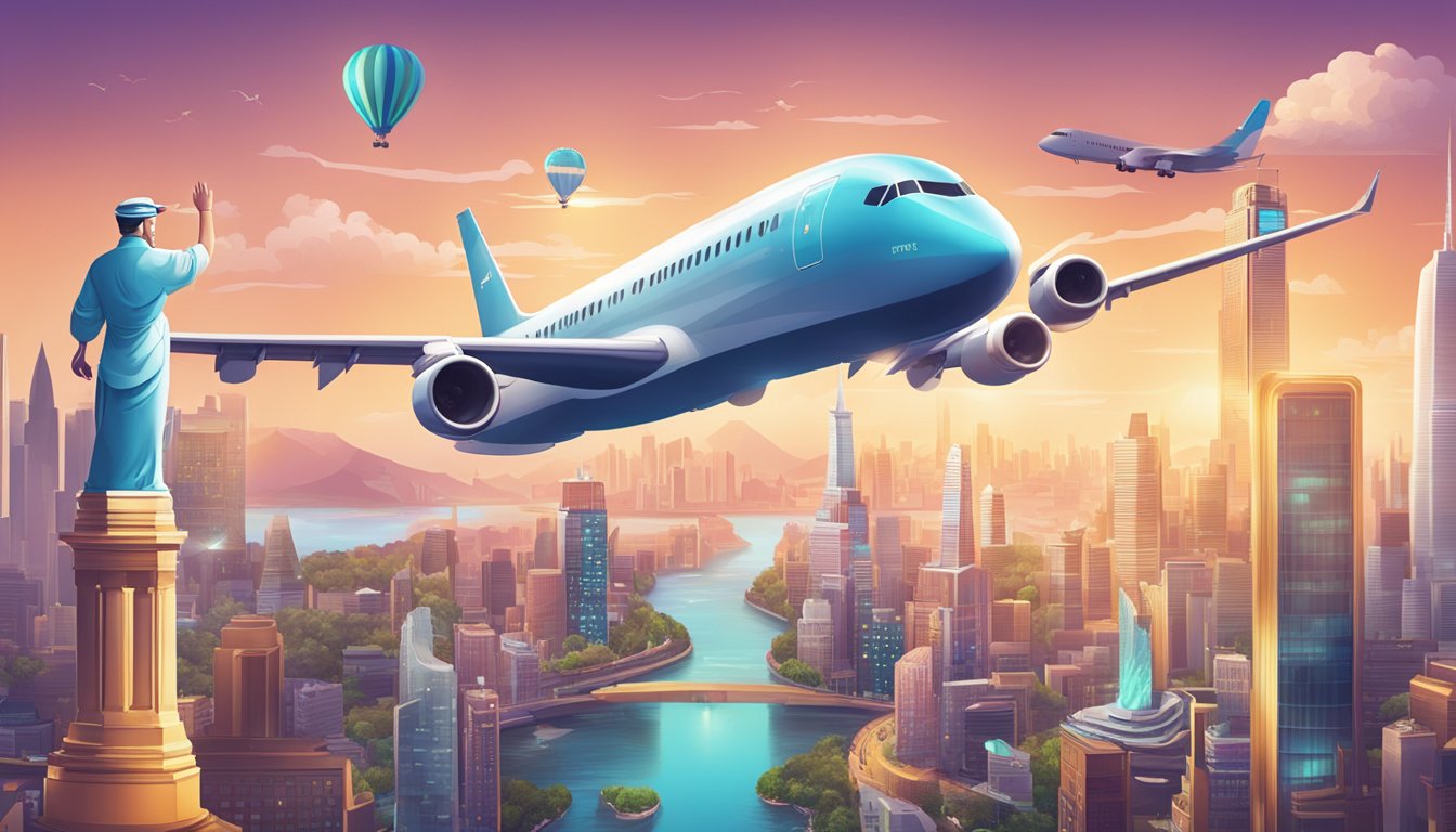 A luxurious travel scene with a plane flying over a city skyline, surrounded by iconic landmarks and a glowing rewards and benefits logo
