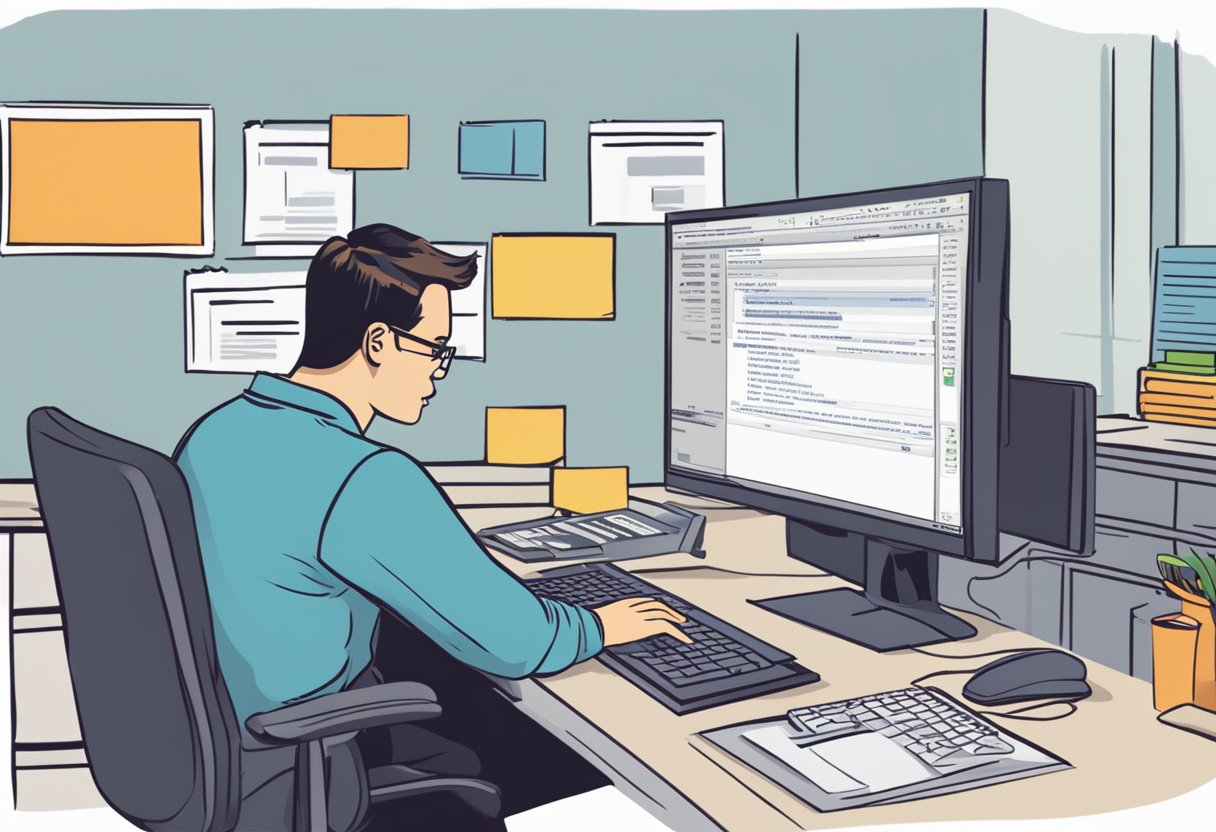 A computer screen displaying an error message with the words "Outlook Stuck on Processing" in bold letters. A frustrated user sits at the desk, staring at the screen