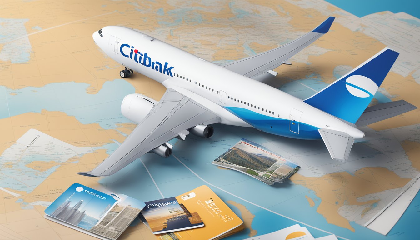 A sleek Citibank PremierMiles credit card sits on a modern desk, surrounded by travel magazines and a world map, with a plane flying in the background