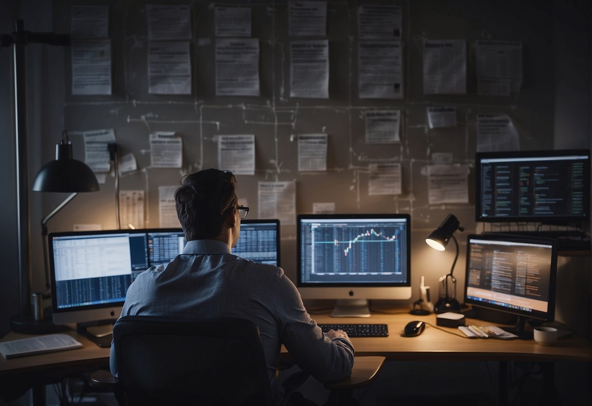 A person sitting at a desk with a computer, surrounded by financial books and charts, typing "How do I start trading stocks?" into a search engine