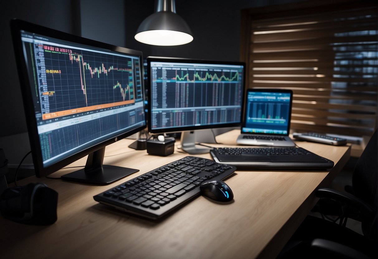A desk with a computer, stock charts, and investment books. A hand reaching for a mouse to begin trading stocks