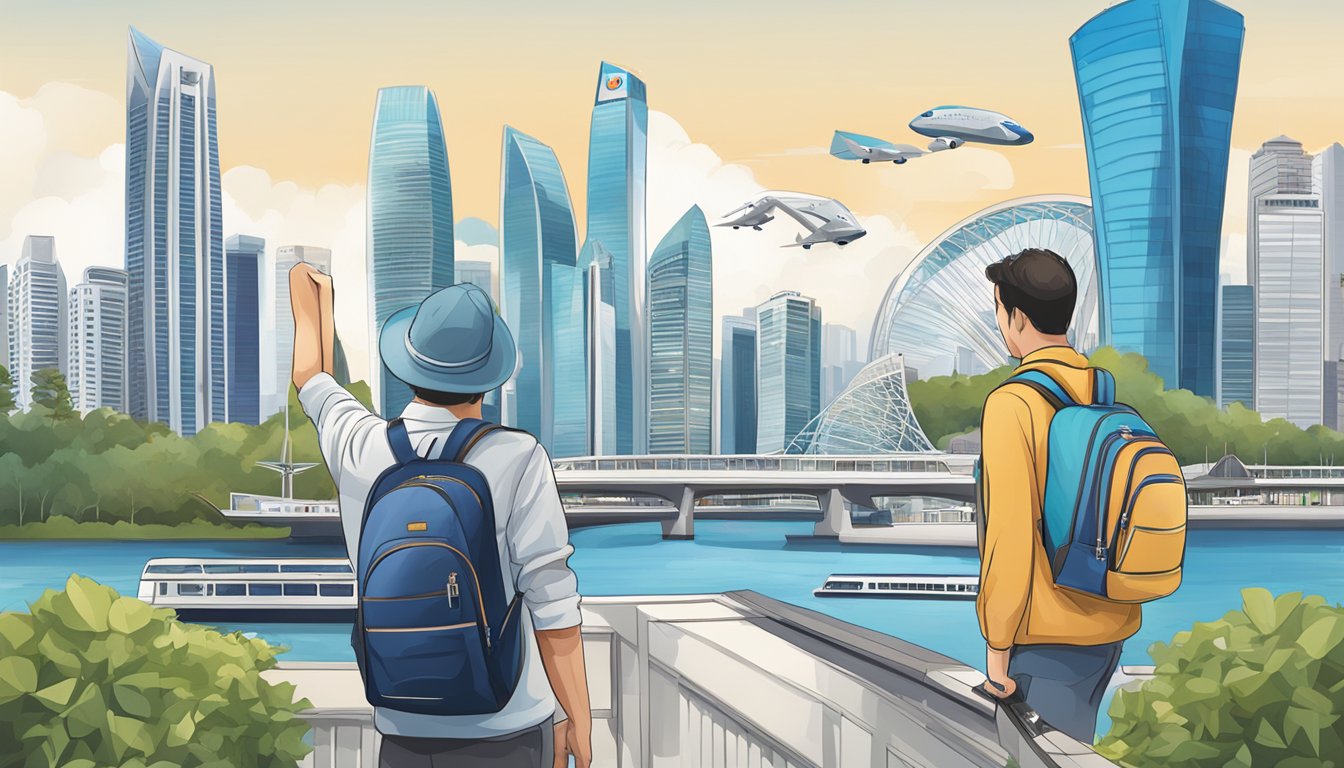 A traveler using Citibank PremierMiles Card in Singapore, with prominent landmarks and transportation modes in the background