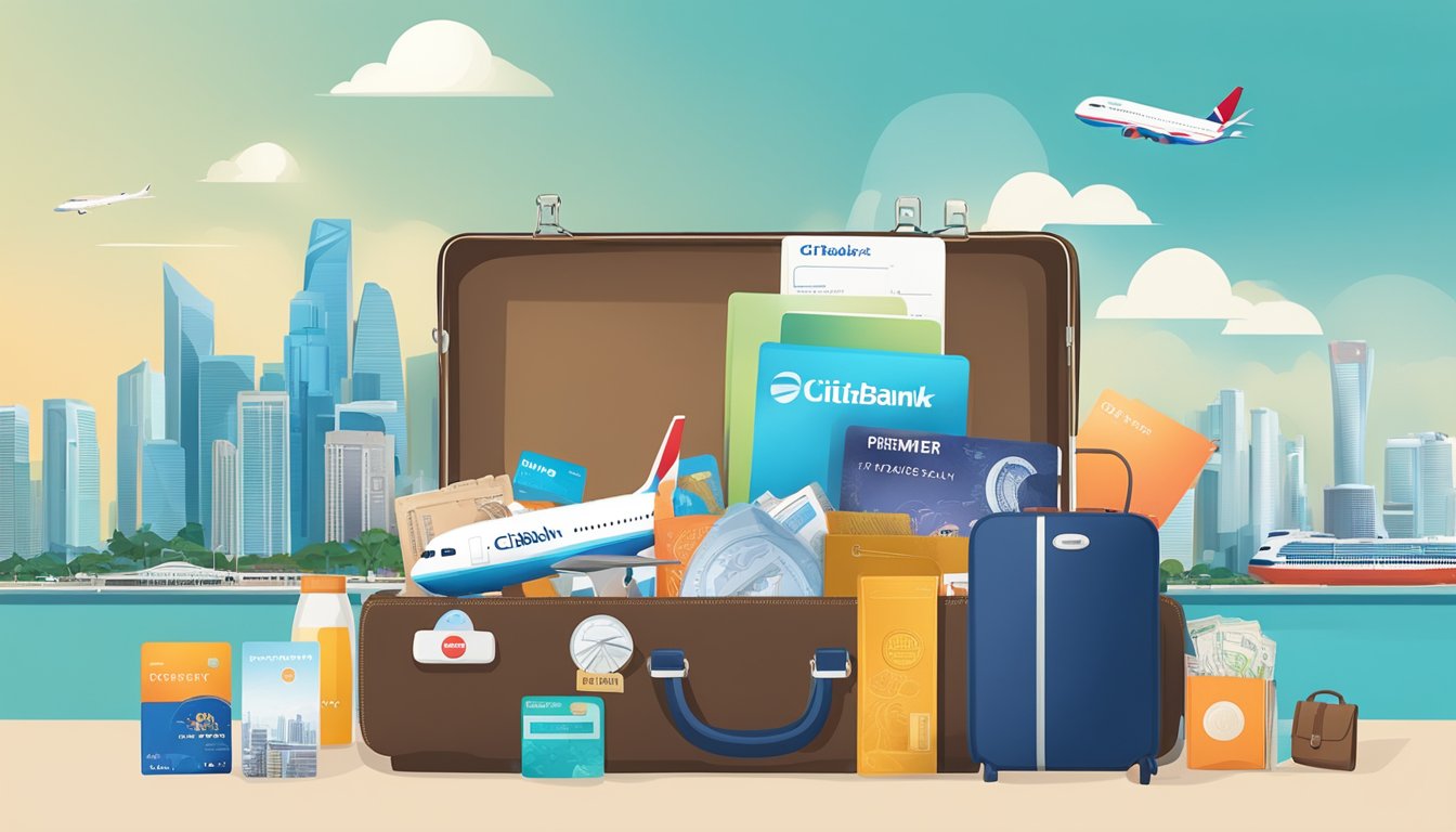 A traveler holding a Citibank PremierMiles card, surrounded by travel essentials like a passport, suitcase, and airplane tickets, with a clear view of the Singapore skyline in the background