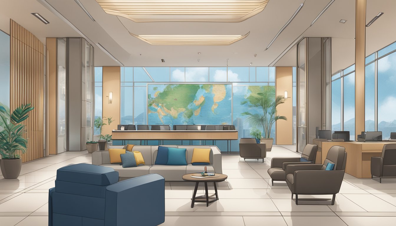A serene airport lounge with a Citibank PremierMiles card displayed, surrounded by travel documents and a map of Singapore