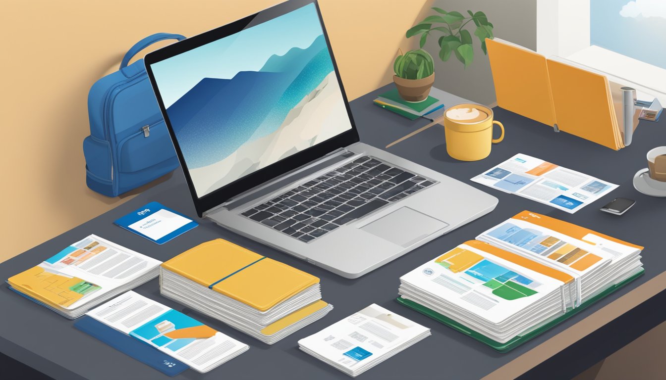 A desk with a laptop open to the Citibank PremierMiles website, surrounded by travel brochures and a passport