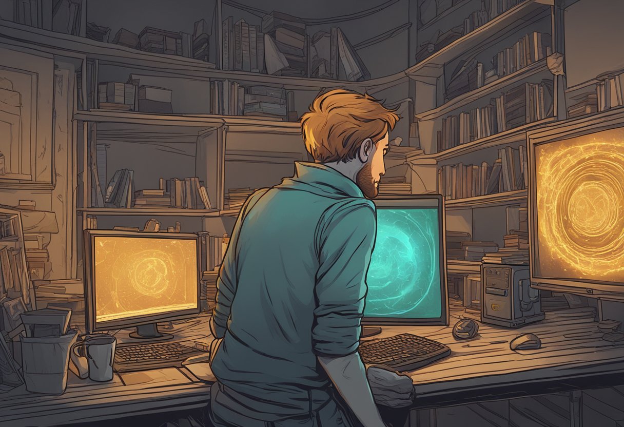 A computer screen displaying the error message "Path of Exile Crashes" with a frustrated gamer looking at it