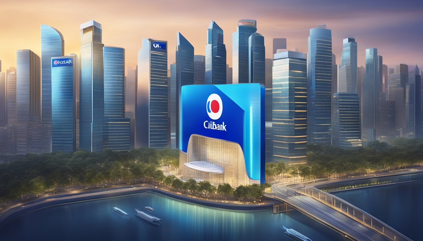 A luxurious cityscape with the iconic Citibank logo prominent, showcasing the exclusive benefits of the prestigious Citibank card in Singapore