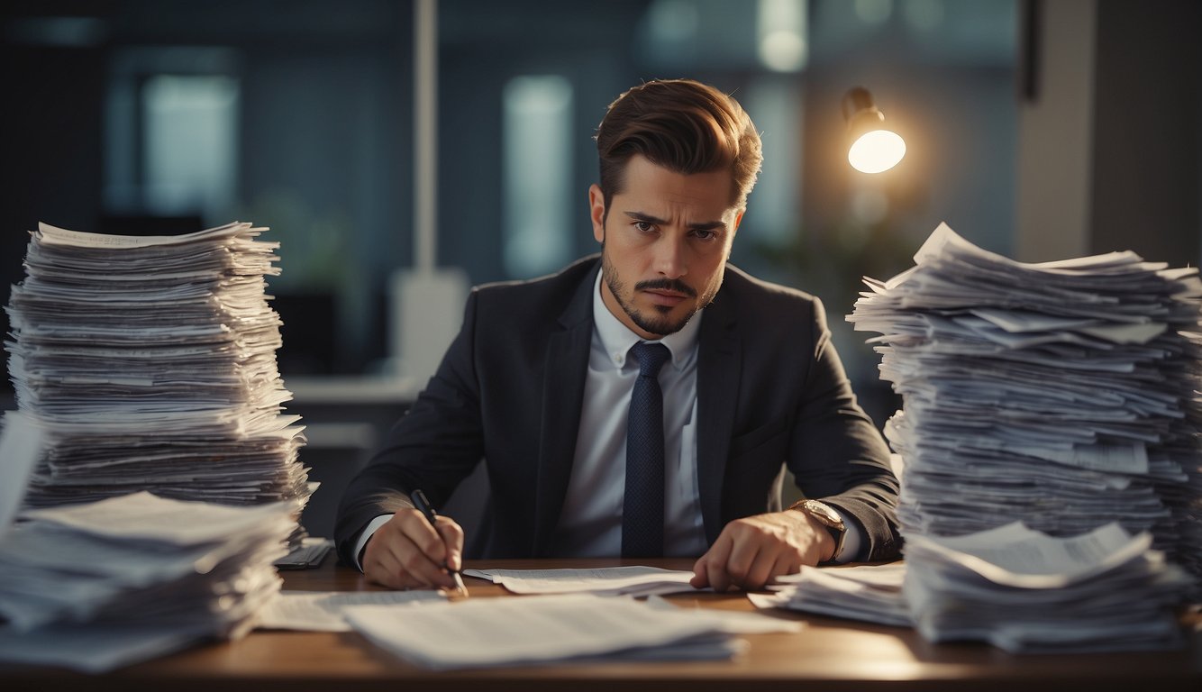 A person sits at a desk, surrounded by piles of bills and paperwork. They are carefully reviewing loan options from different lenders, with a look of determination on their face