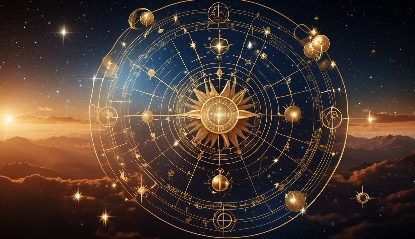 A celestial map with zodiac signs and symbols of love languages intertwined in cosmic patterns