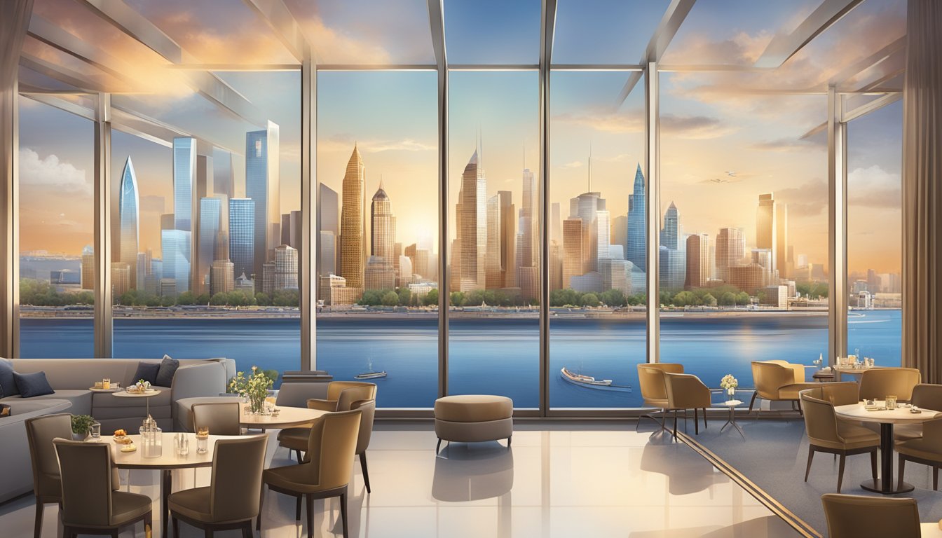 A luxurious city skyline with the Citi Prestige Card prominently displayed, surrounded by symbols of exclusive benefits such as travel, dining, and lifestyle perks