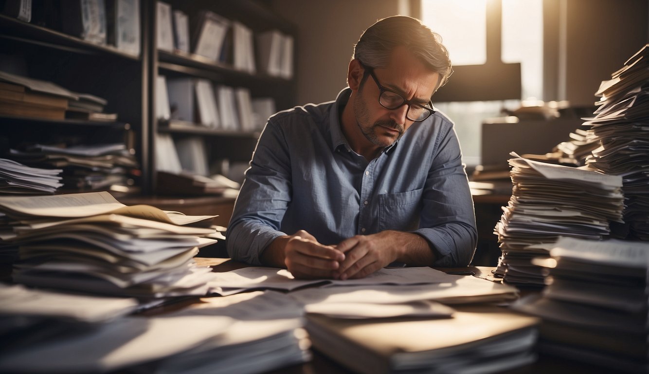 A person sits at a cluttered desk, surrounded by paperwork and financial documents. They are deep in thought, weighing the risks and considerations of choosing the right debt consolidation loan money lender