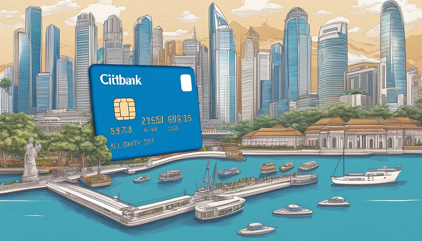 A prestigious Citibank card surrounded by luxury items and rewards, with a backdrop of iconic Singapore landmarks