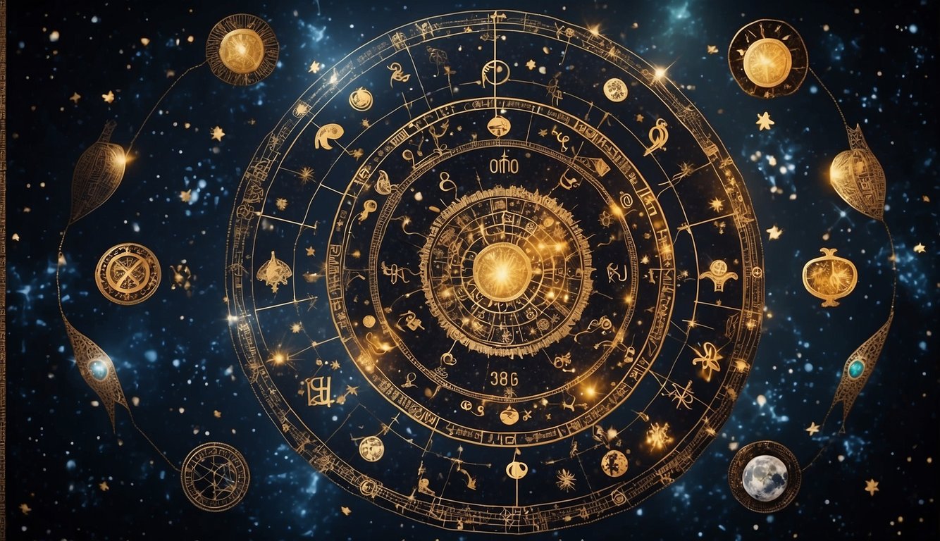 Astrology symbols intertwine with love language symbols, forming a celestial tapestry