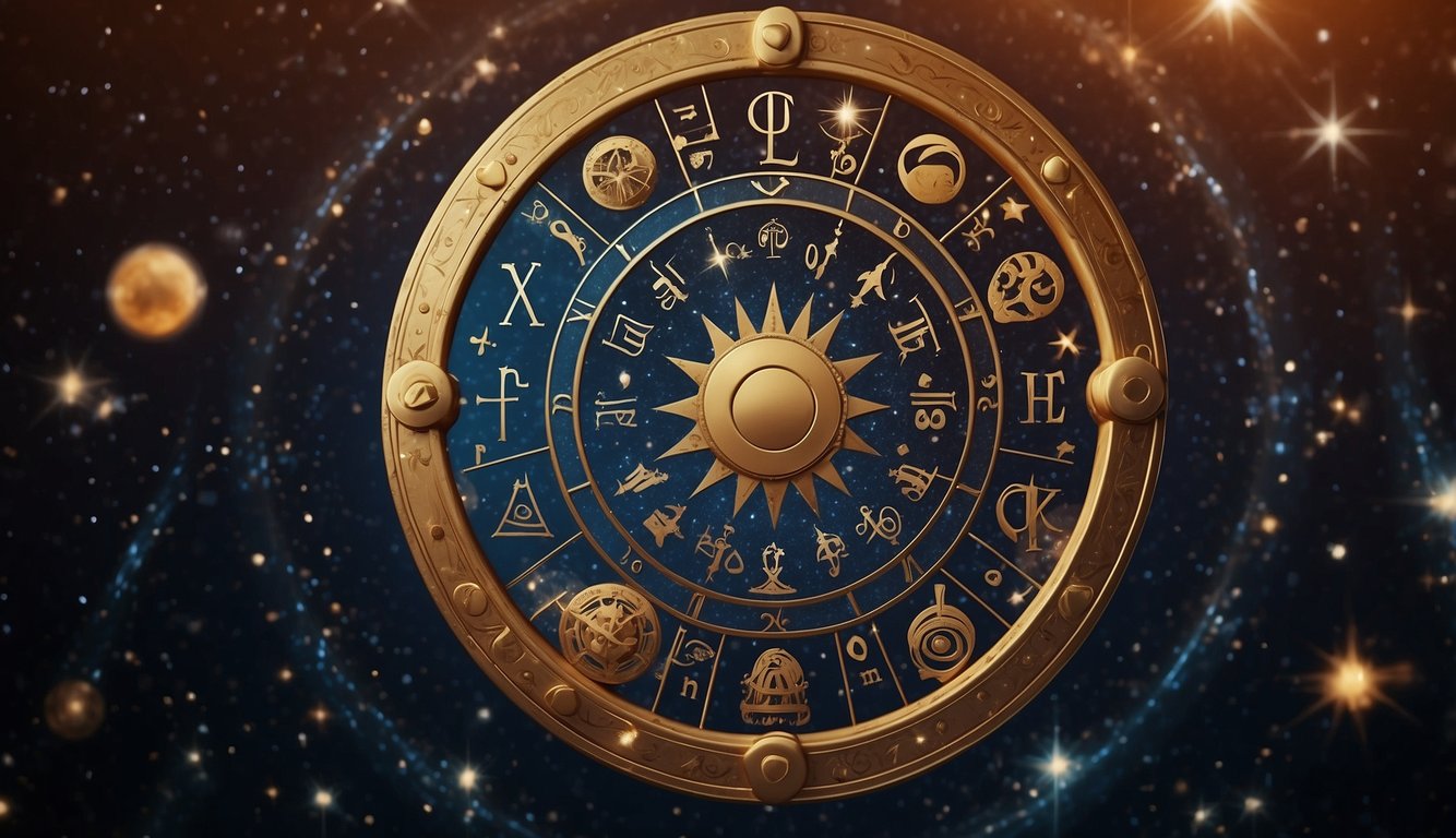 A zodiac wheel with symbols representing different love languages, surrounded by stars and celestial elements