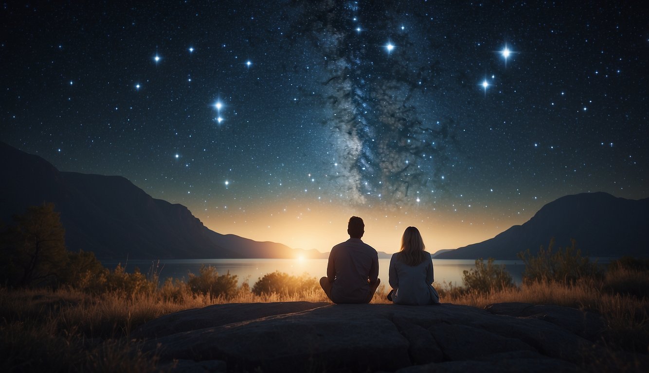 A couple sits under a starry sky, surrounded by symbols of the zodiac. They communicate through gestures and expressions, each speaking their own love language