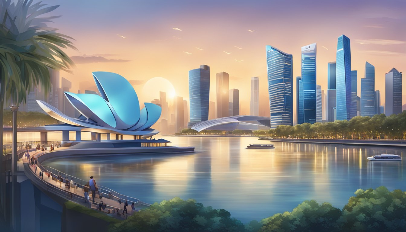 A luxurious cityscape with iconic Singapore landmarks in the background, showcasing the exclusive benefits of the Citibank Prestige card