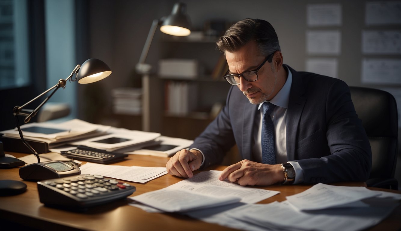 A person sitting at a desk, surrounded by financial documents and a calculator. They are carefully considering their options for repaying debts to a money lender