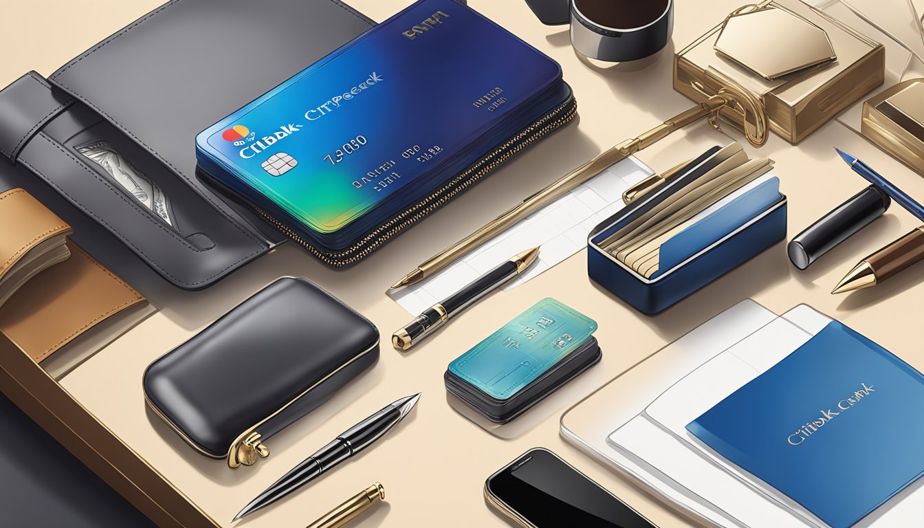 A sleek Citibank Prestige credit card sits on a polished desk, surrounded by luxury items like a fountain pen, a leather wallet, and a smartphone
