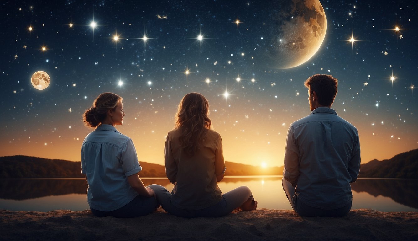 Two people sitting under a starry sky, surrounded by zodiac symbols and engaging in deep conversation, expressing love and understanding through their unique love languages
