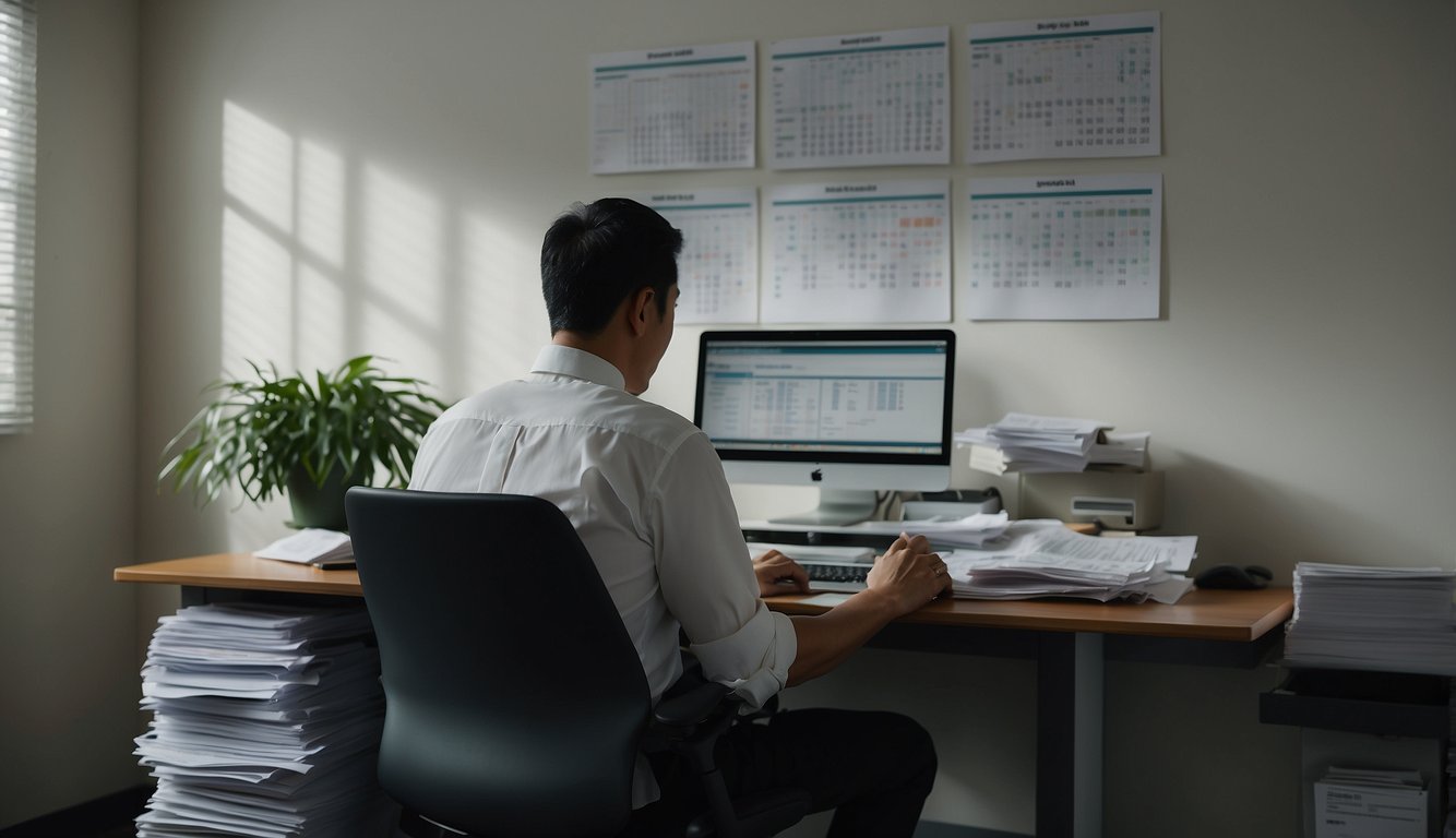 A person sits at a desk, reviewing financial documents. A calendar on the wall shows the passing of time. A stack of bills and a calculator are nearby, indicating the stress of navigating debt repayment in Singapore