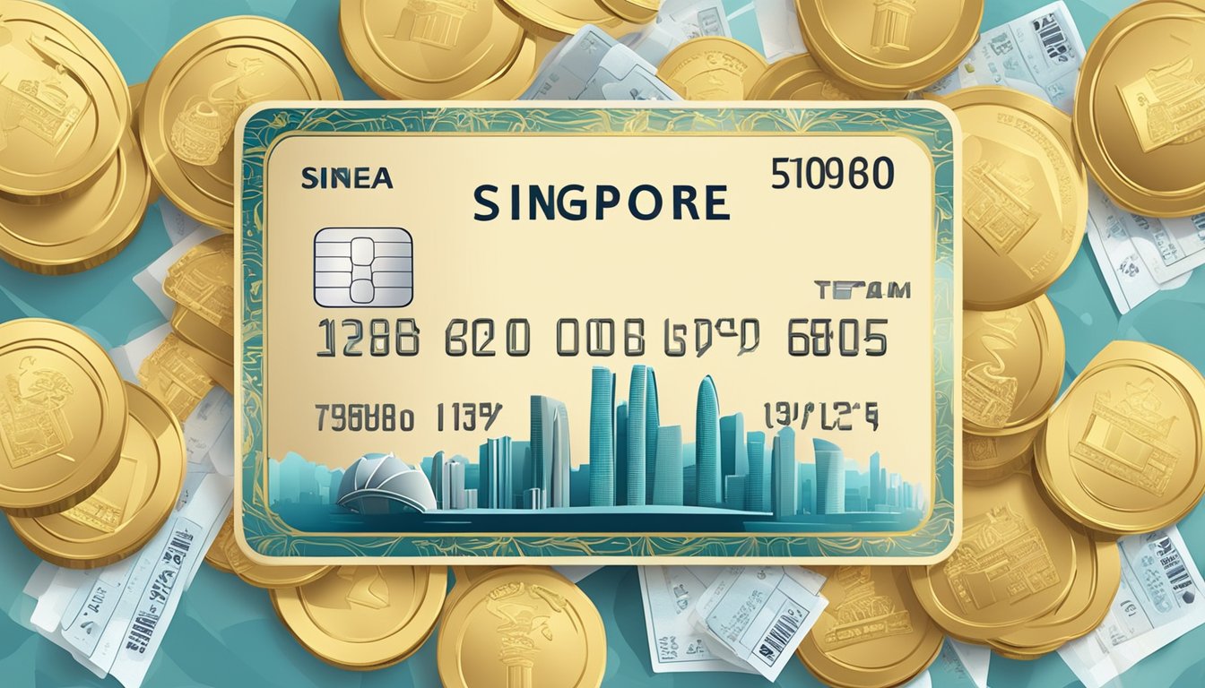 A luxurious credit card surrounded by gold coins, travel vouchers, and exclusive event tickets, with a backdrop of iconic Singapore landmarks