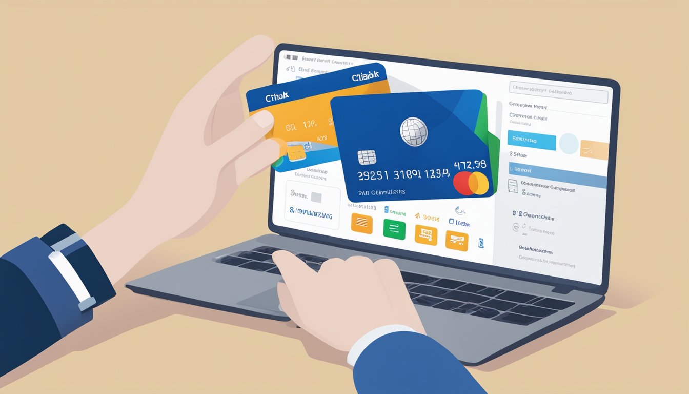 A hand holding a citibank prestige credit card, with a laptop open to the application page, surrounded by icons representing eligibility criteria