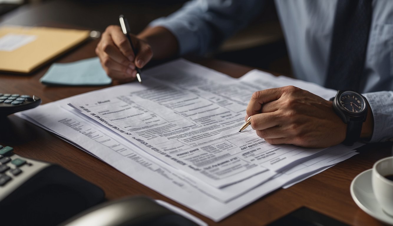 A person sitting at a desk, reviewing financial documents and making a plan for repaying debts to a money lender. The focus is on the organized and methodical approach to maintaining good financial health