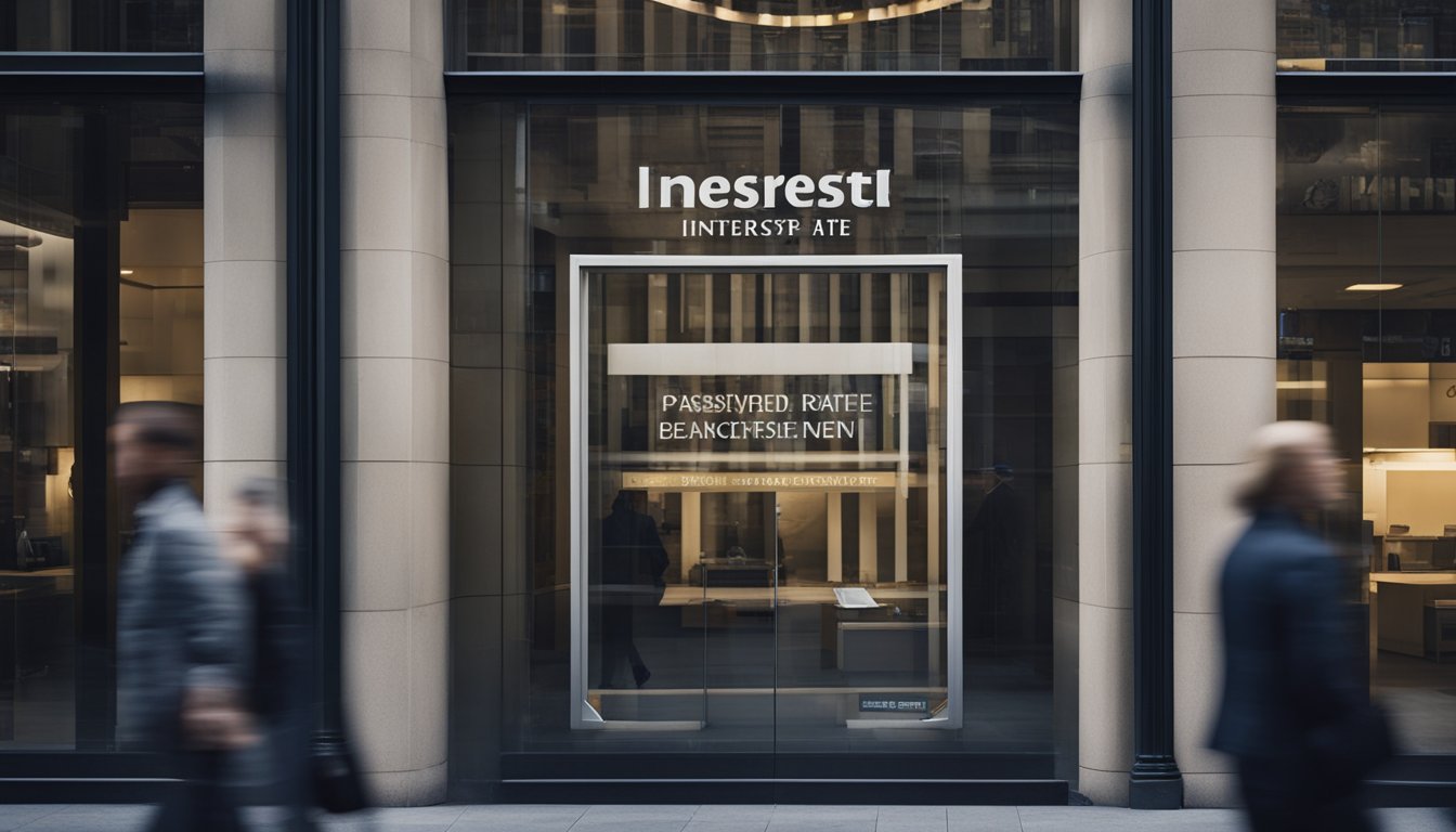 A large, bold "Advertised Interest Rate" sign displayed prominently in a bank window, with clear and easy-to-read text, attracting attention from passersby
