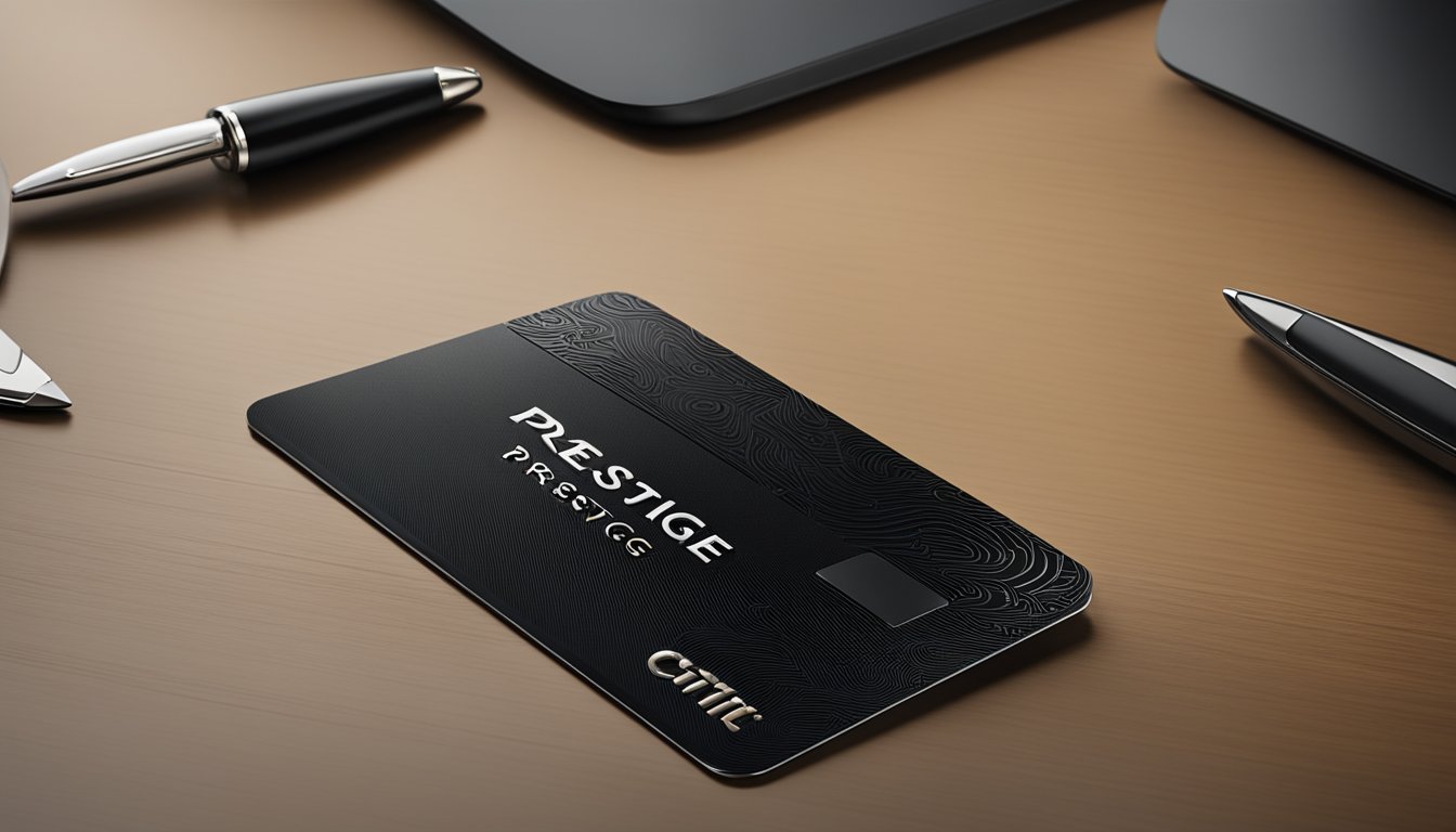 A luxurious black credit card sits on a sleek, modern desk, with the Citi Services logo and the word "Prestige" embossed in elegant silver lettering