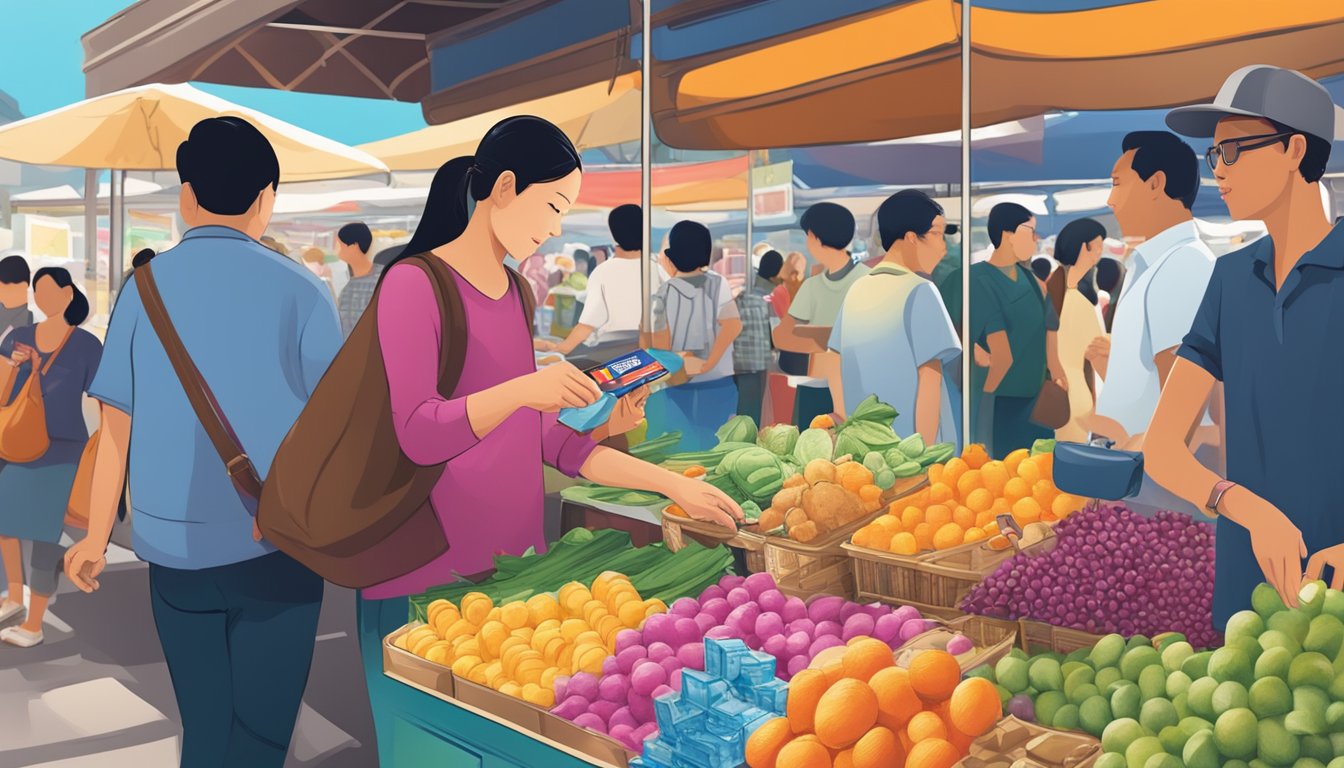 A traveler swipes a Citibank Prestige credit card at a bustling Singaporean market, surrounded by colorful stalls and exotic aromas