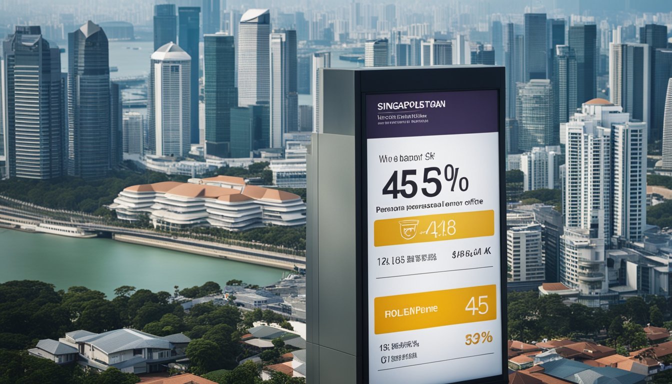A bank advertisement displays a personal loan offer with the advertised interest rate prominently displayed. The Singaporean skyline is visible in the background, emphasizing the local context