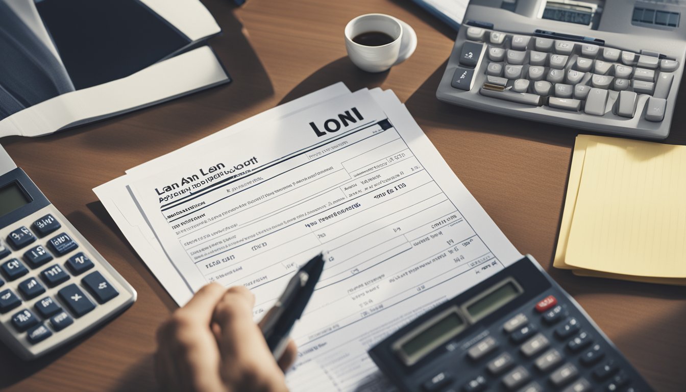 A person sits at a desk, reviewing loan documents. A computer screen displays an advertised interest rate on a personal loan. A calculator and pen lay nearby