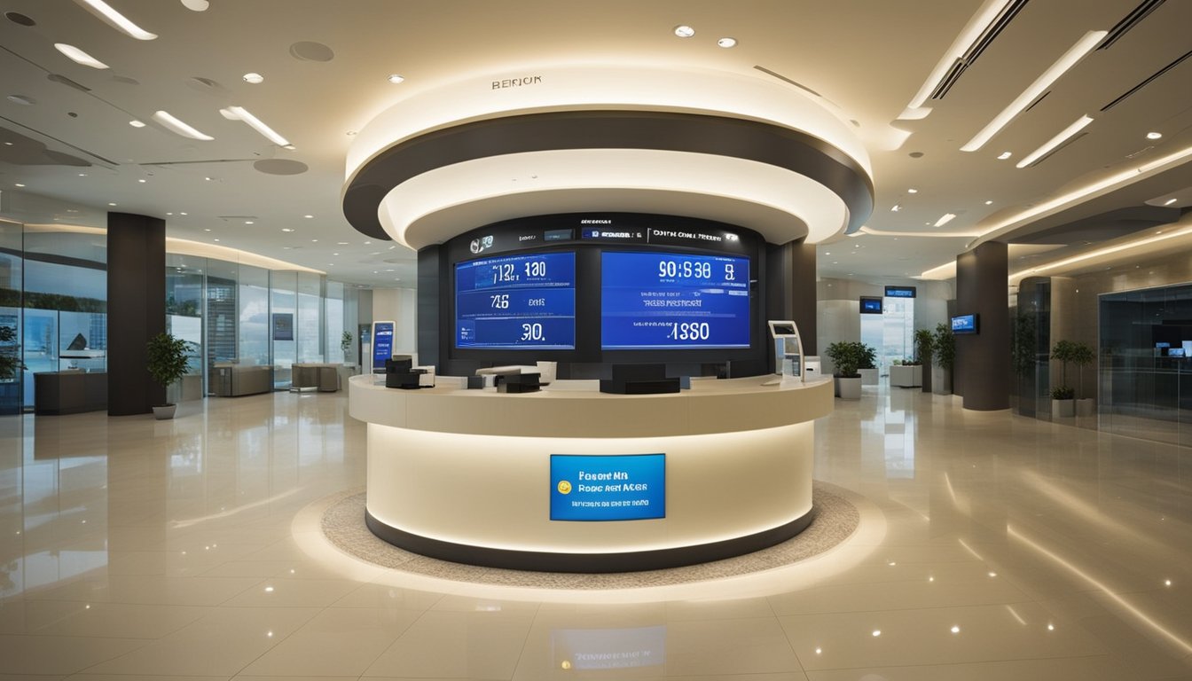 A bright and modern bank branch with a digital display showing the advertised interest rate for personal loans in Singapore. The display is prominently featured, with the bank's logo visible in the background