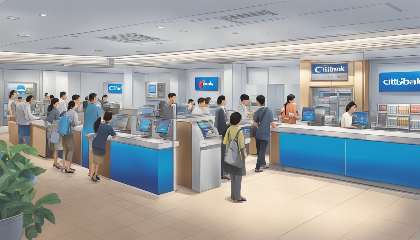 A bustling Citibank branch in Singapore with customers at the quick cash counter, tellers assisting clients, and the iconic Citibank logo prominently displayed