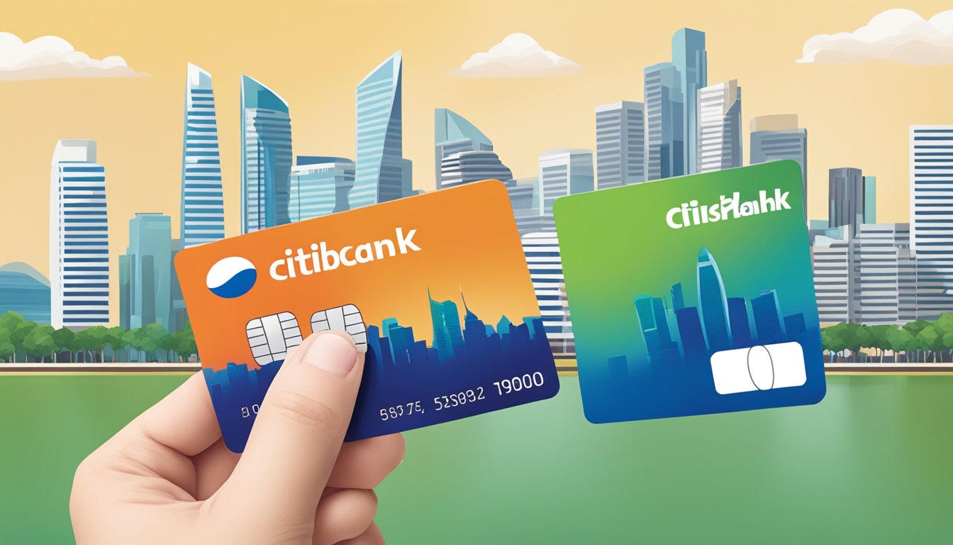 A hand holding a Citibank Quick Cash card with Singapore skyline in the background