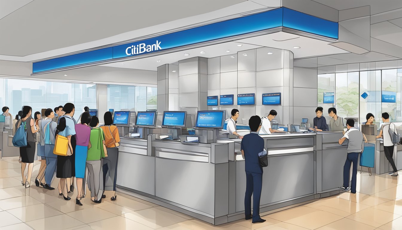 A bustling Citibank branch in Singapore, with customers lining up for quick cash transactions. The bank's logo prominently displayed above the teller counters