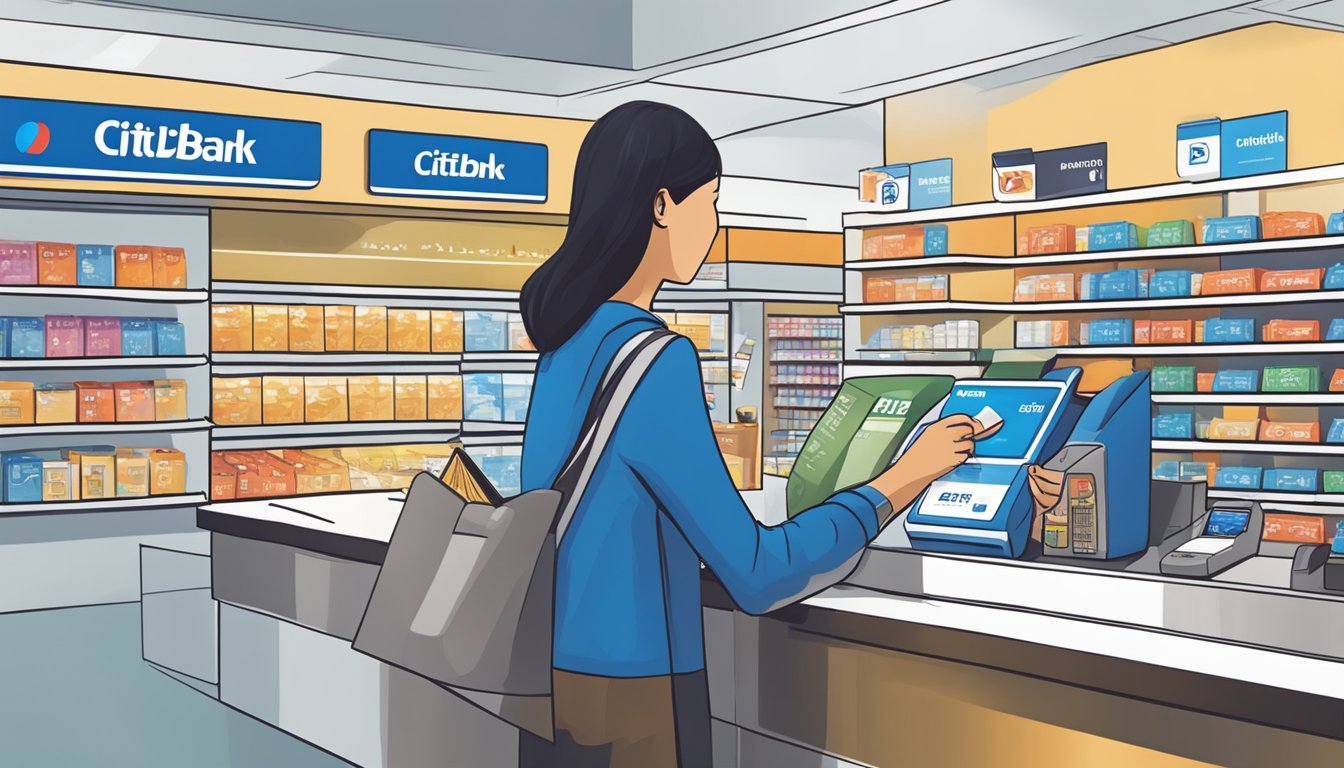 A person swiping a Citibank Ready Credit card to make a PayLite purchase at a Singaporean store