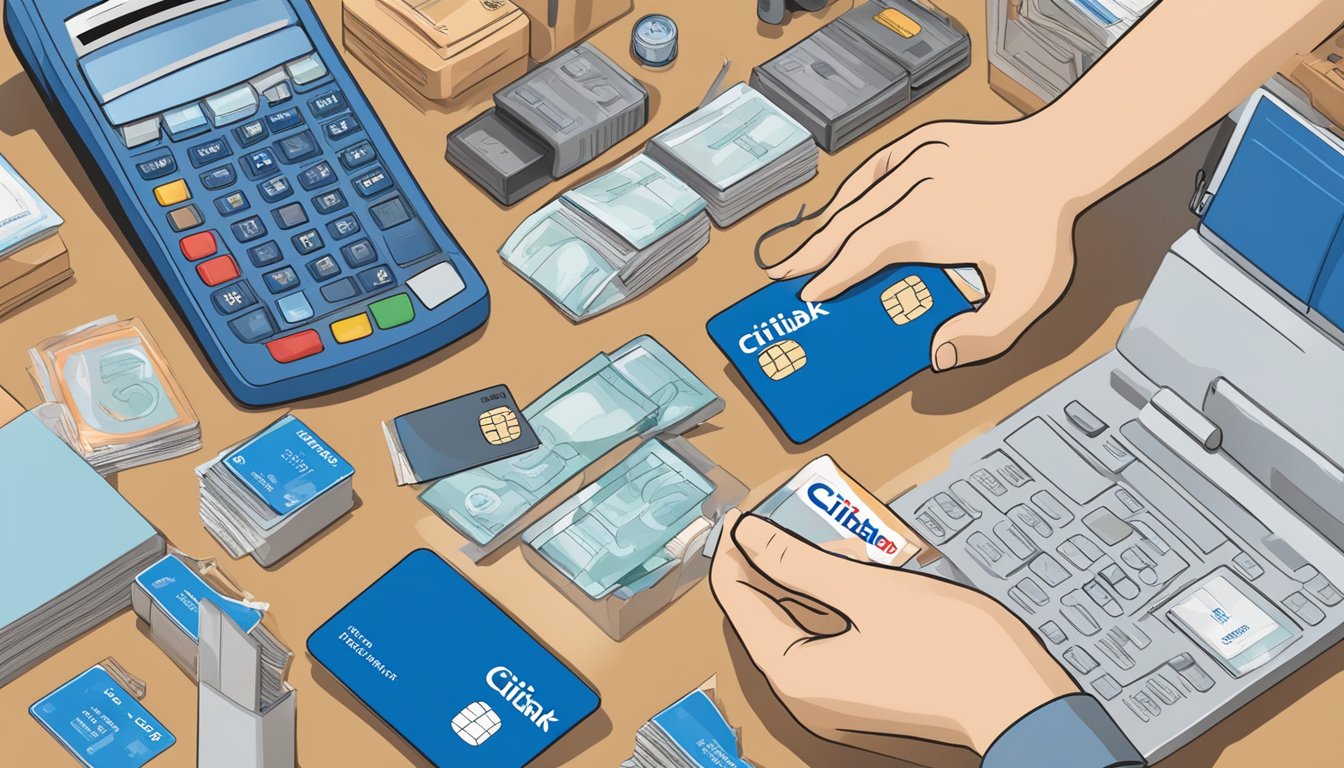 A hand reaches for a Citibank Ready Credit card, with the Citibank logo prominently displayed. The card is surrounded by various items symbolizing different uses for the credit line, such as shopping bags, travel tickets, and home improvement tools