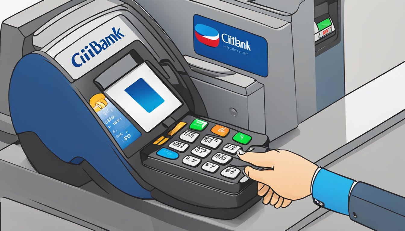 A modern, sleek Citibank Ready Credit card being swiped at a payment terminal in Singapore. The iconic Citibank logo is prominently displayed