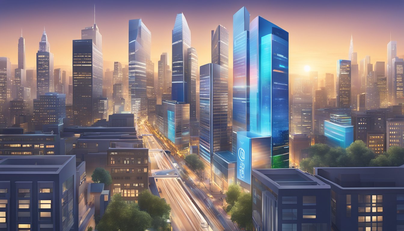 A modern city skyline with Citibank Ready Credit logo prominently displayed on a sleek building. Bright lights and bustling streets below