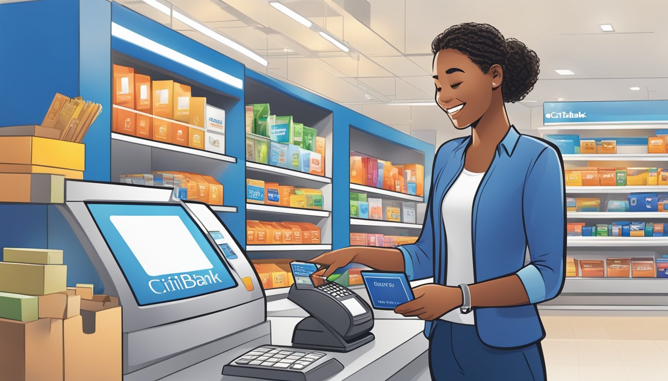 A person swiping a Citibank Ready Credit card at a store checkout, with a smiling cashier and a display of various products in the background