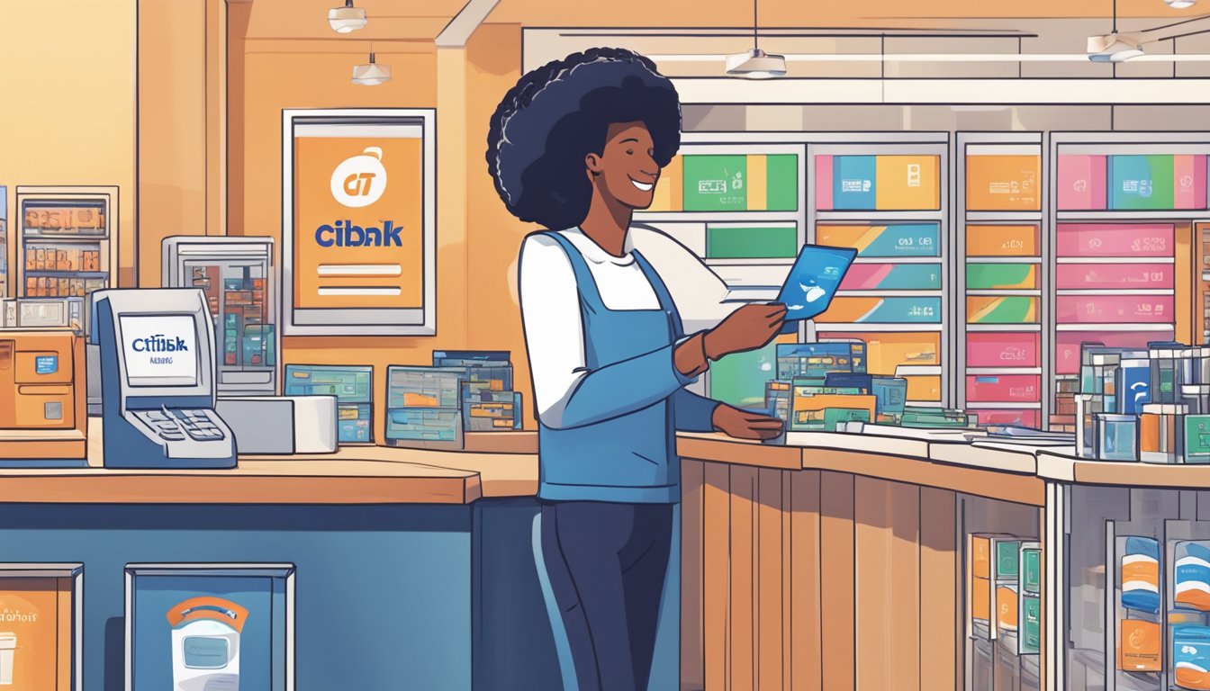 A person swiping a Citibank card at a store, with a cashback symbol displayed on the card and a stack of cashback rewards accumulating in the background