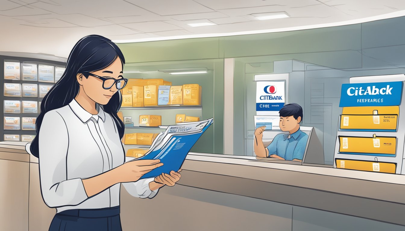 A customer at a Citibank branch in Singapore is reading a pamphlet titled "Understanding the Fees and Charges" while redeeming cashback rewards