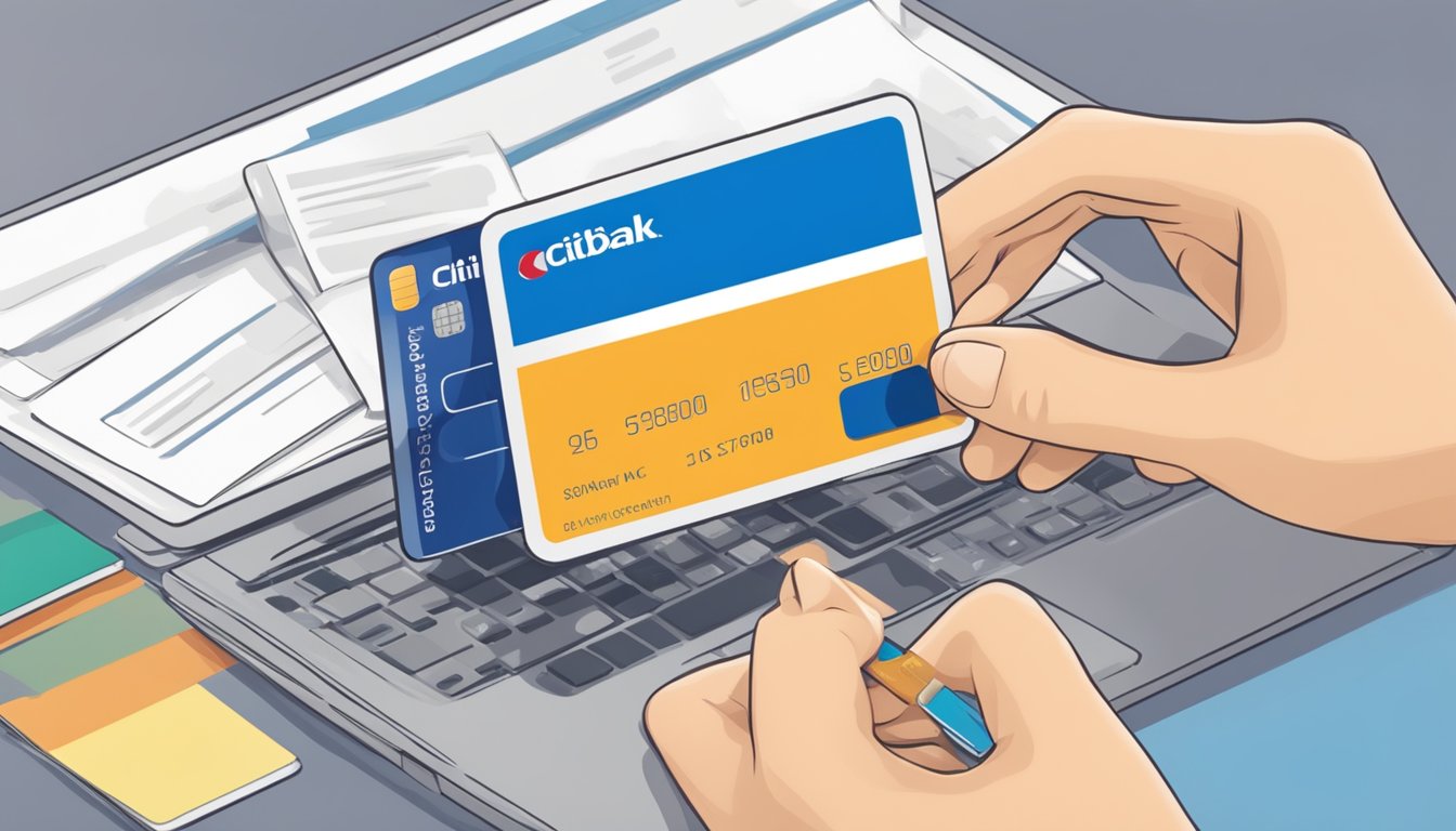 A person holding a Citibank credit card and filling out an online application form for cashback redemption in Singapore