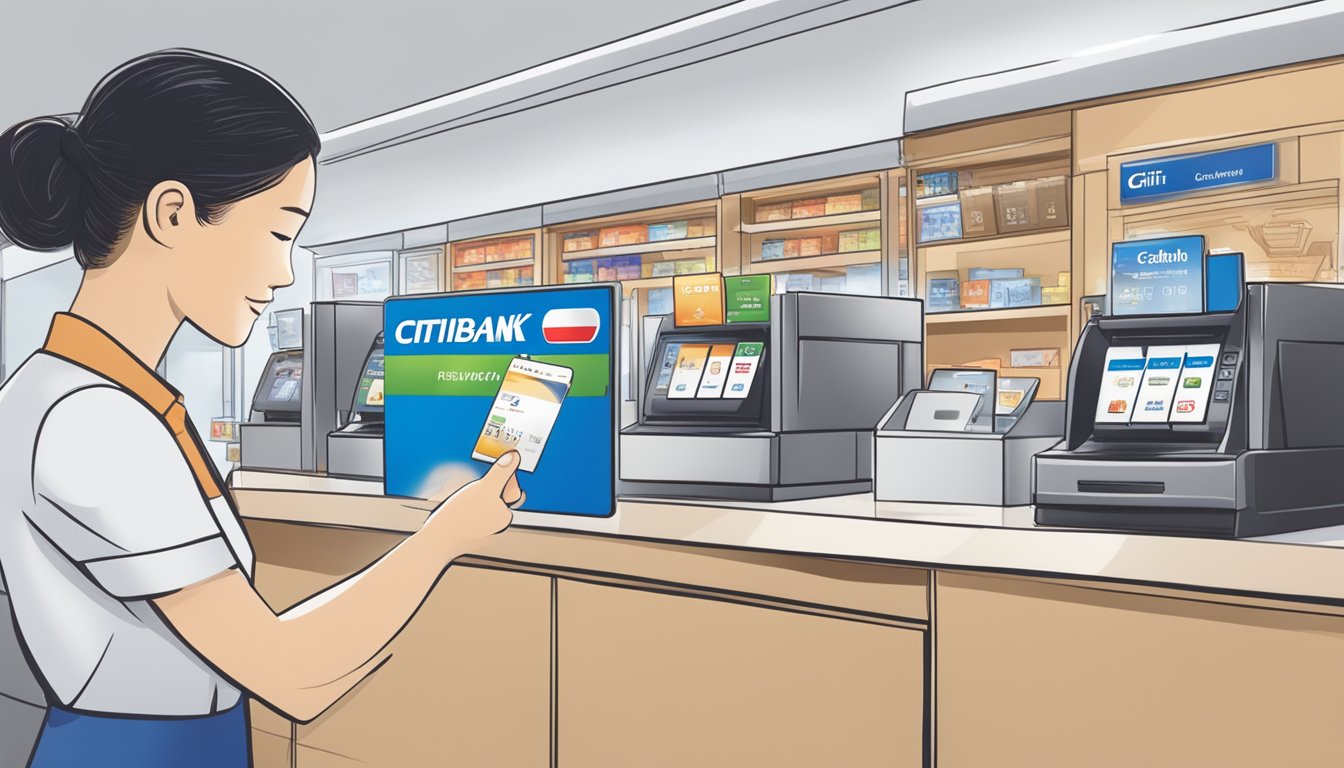 A person swiping a Citibank Rewards card at a Singapore store, with a display of redemption options in the background