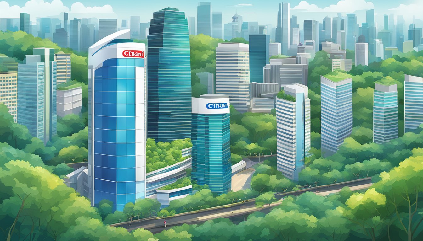 A vibrant cityscape with the iconic Citibank building in Singapore, surrounded by lush greenery and a bustling urban environment