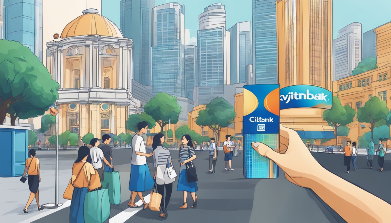 A person swiping a Lifestyle Benefits Citibank card to redeem rewards in a bustling Singapore cityscape