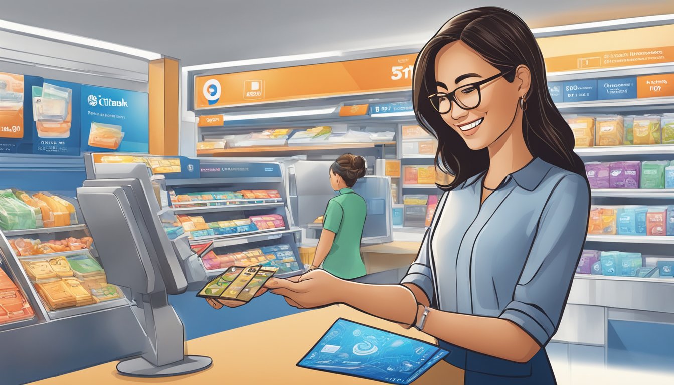 A woman swipes her Citibank Rewards Card at a Singaporean merchant, earning points for every purchase. She smiles as she envisions the benefits awaiting her